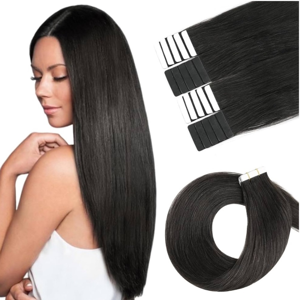 🌙 B83 - Sleek tape in human hair Hair Extensions - 1B (off black) 20”